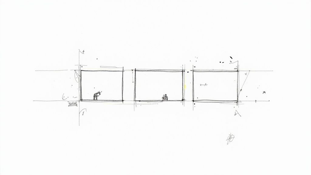 A minimalist black and white sketch showing three rectangular boxes with small figures inside.