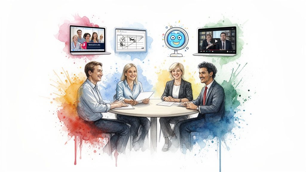 Four professionals collaborate at a table with digital tools, illustrating hybrid work and online meetings.