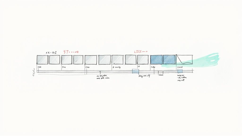 A hand-drawn process diagram illustrating a sequence of steps with text labels and a timeline.