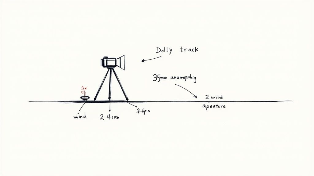 A hand-drawn diagram illustrating a cinematic camera setup with a dolly track, anamorphic lens, and specific settings.