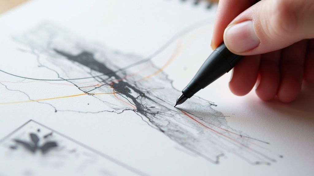 Hand holding pen drawing architectural sketch with detailed line work and shading techniques