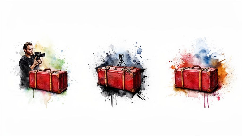 Watercolor art of vintage red suitcases with a filmmaker, a camera, and colorful splashes.