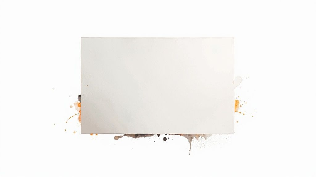 A blank white rectangle with colorful watercolor paint splatters around its edges on a white background.