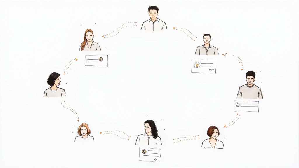 An illustration showing a group of diverse people interacting happily within a social media interface, symbolizing a thriving online community.