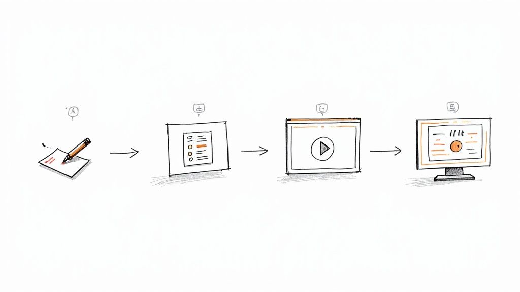 A four-step visual guide showing the process of creating an AI video, from scripting to exporting.
