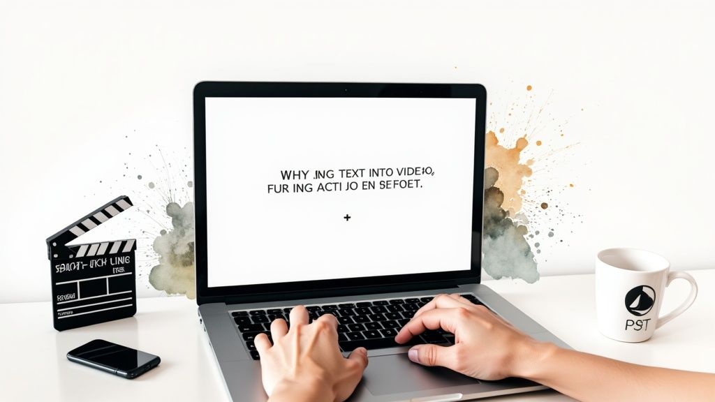 Person typing on a laptop screen displaying "text into video" content, with a clapperboard and smartphone.