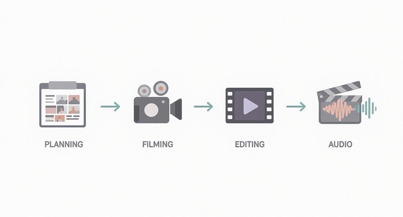 A visual process flow of video production, including planning, filming, editing, and audio stages.