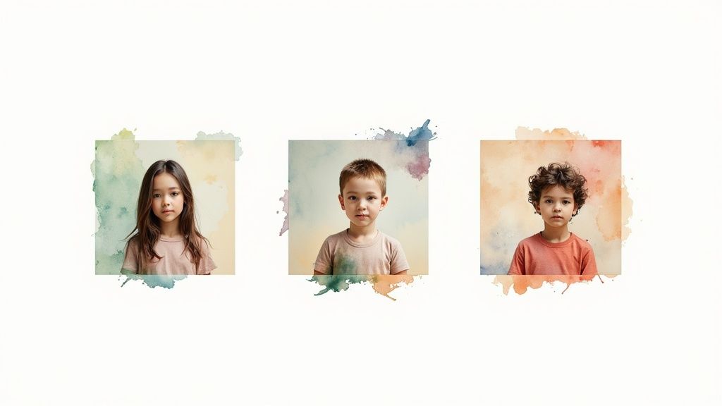 Three artistic portraits of diverse young children framed by colorful watercolor splashes on white.