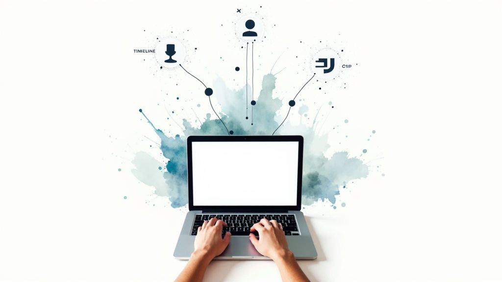 창의적인 데이터 시각화, 커뮤니케이션, 타임라인 아이콘으로 둘러싸인 노트북에서 타이핑하는 손.