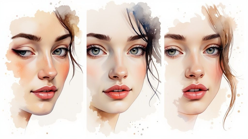 Three beautiful watercolor portraits of a woman with varying makeup and hair colors.