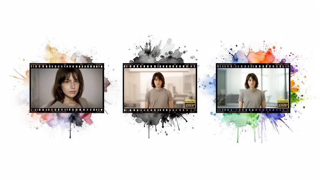 Three film strips featuring diverse portraits and full-body shots, surrounded by colorful watercolor splashes.