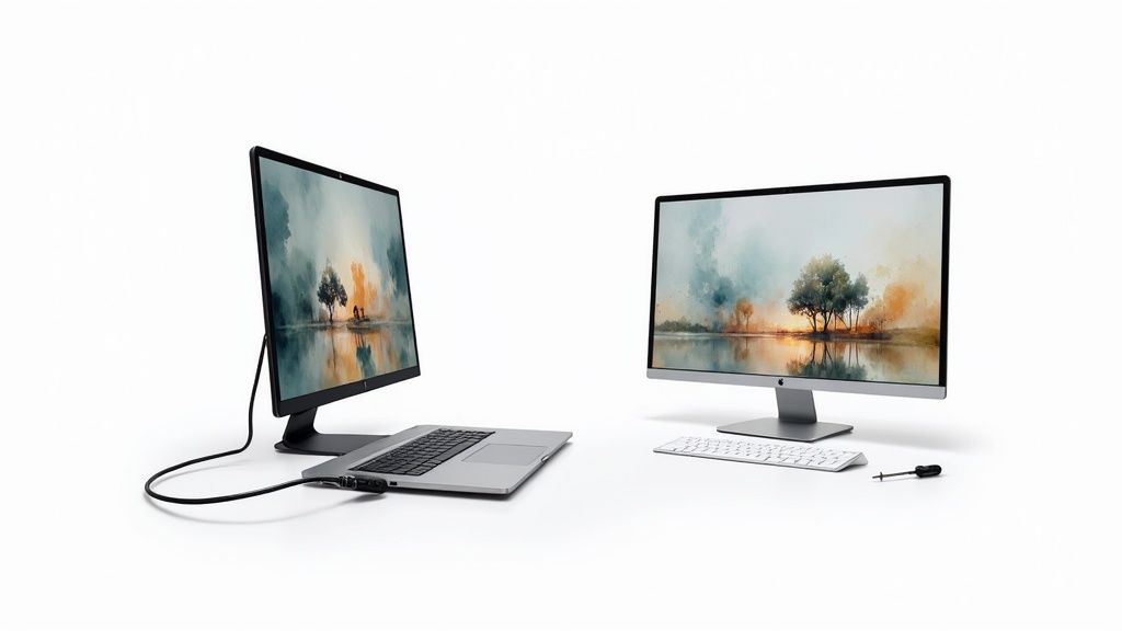 Laptop connected to external monitor as second display showing landscape artwork on both screens
