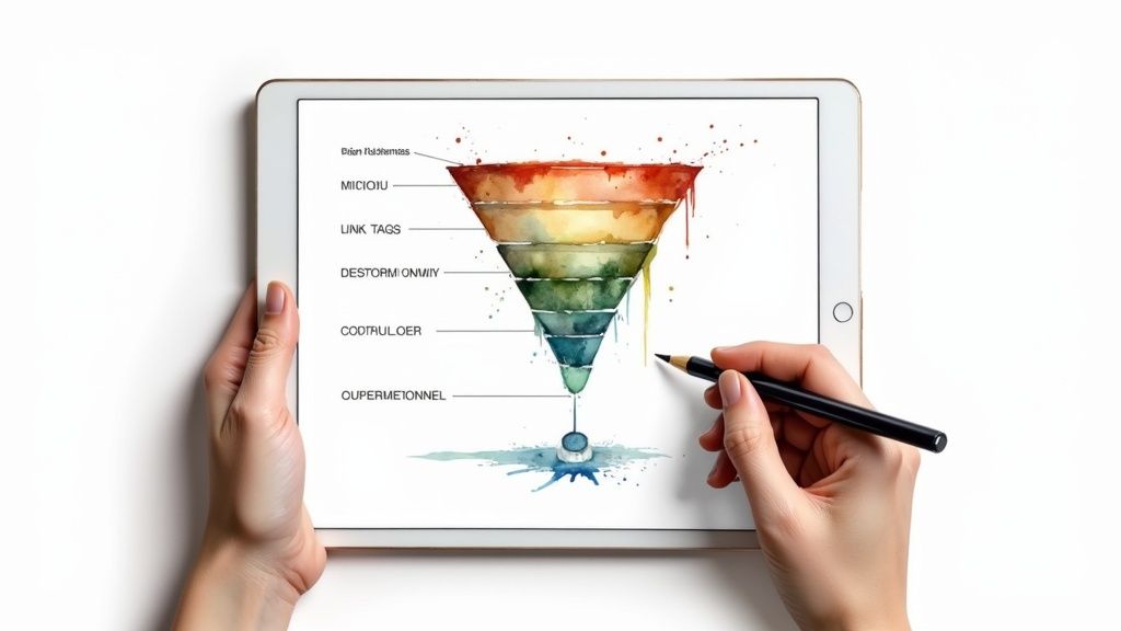 Hands holding tablet displaying colorful conversion funnel diagram with marketing stages from awareness to customer