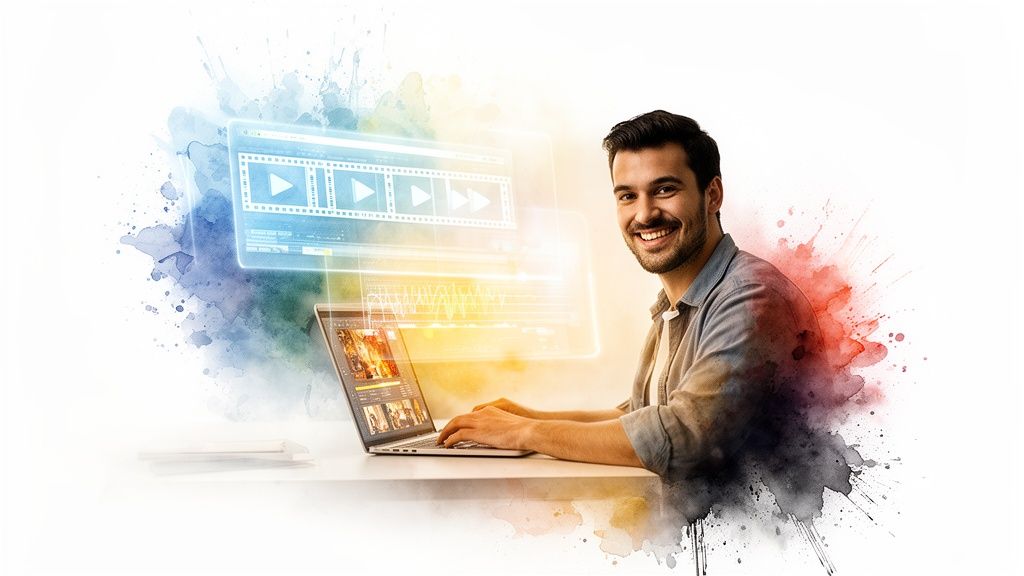 Smiling man actively editing videos on a laptop with glowing holographic interface projections.