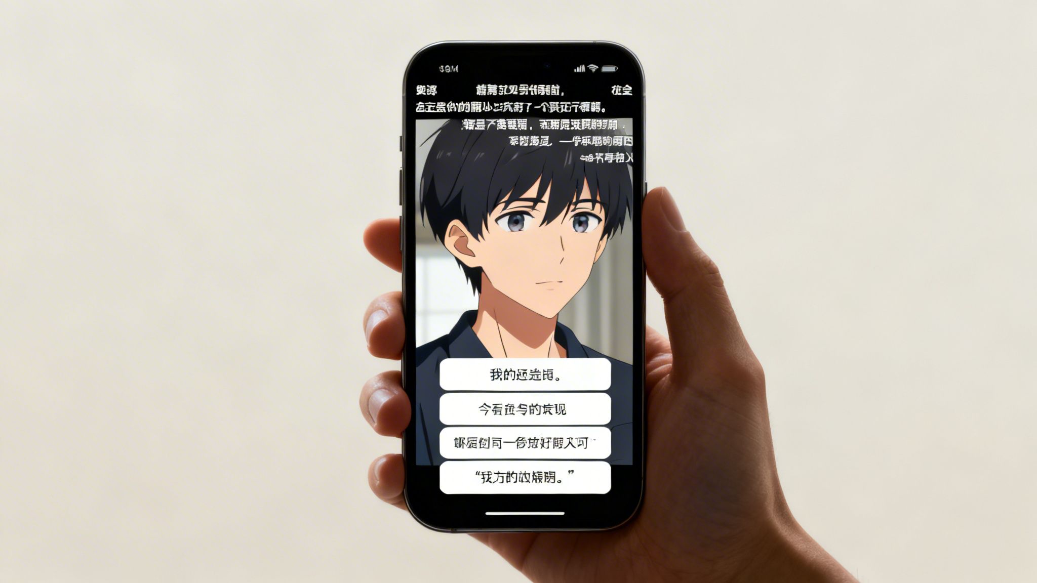 A person's hand holds a smartphone displaying an anime character and a Chinese text menu.