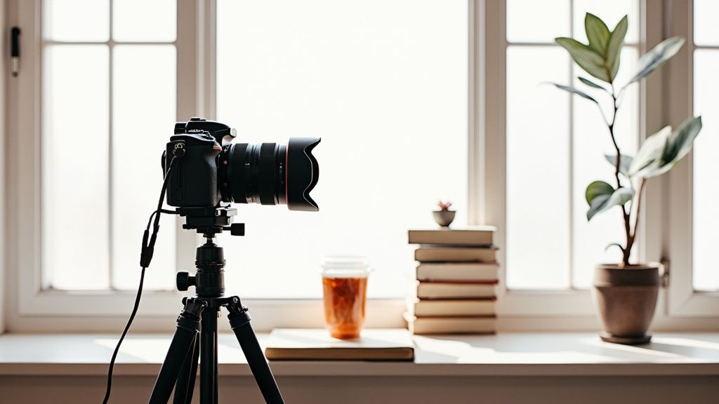 A person editing video on a computer in a modern, creative studio.