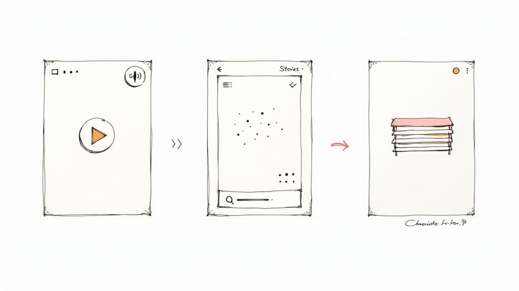 Hand-drawn mobile app screens illustrate a user flow from a video player to a stories feed, and a stacked items view.