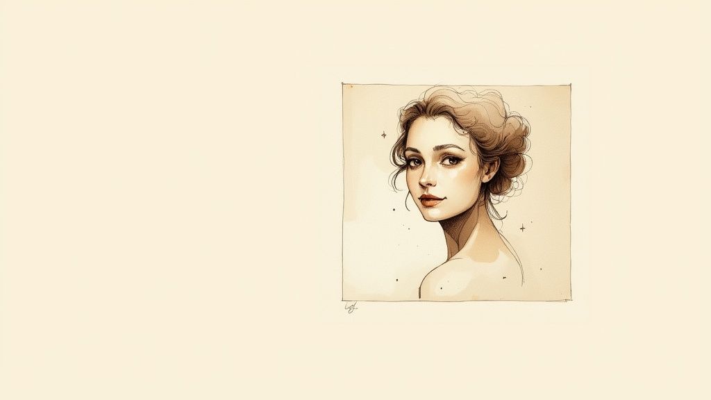 A minimalist watercolor and sketch drawing of a beautiful young woman looking over her shoulder.