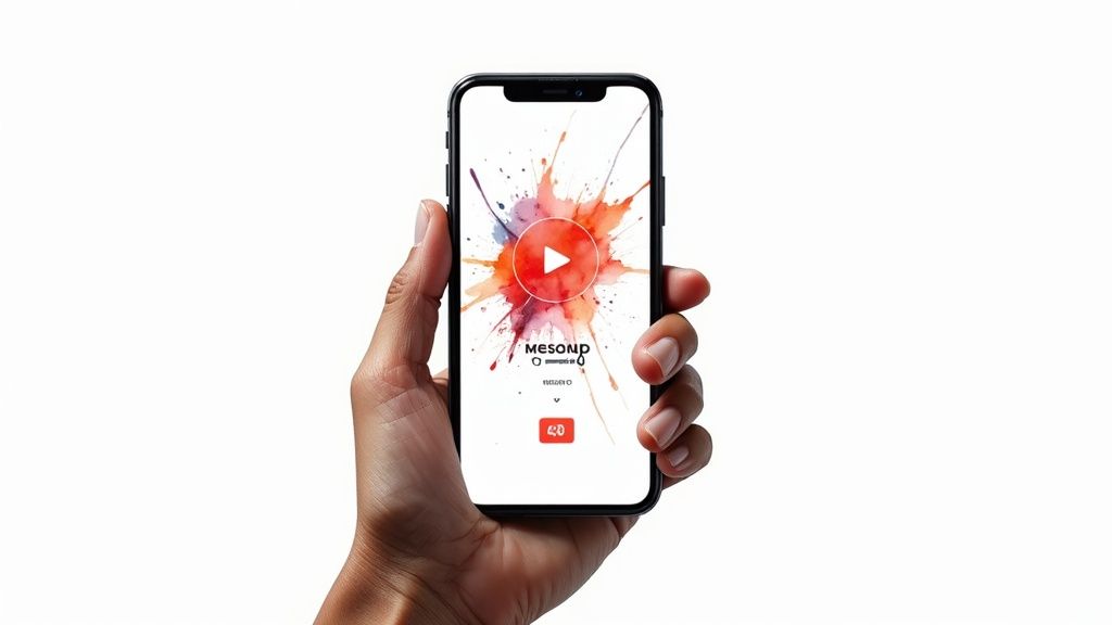 화려한 배경과 재생 버튼이 있는 영상 앱이 표시된 스마트폰을 들고 있는 손.