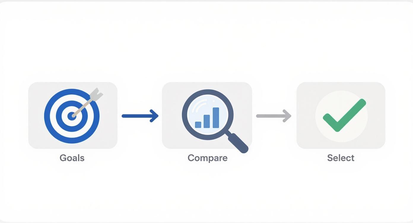 Three-step decision making process showing goals target, comparison analysis chart, and selection checkmark icons