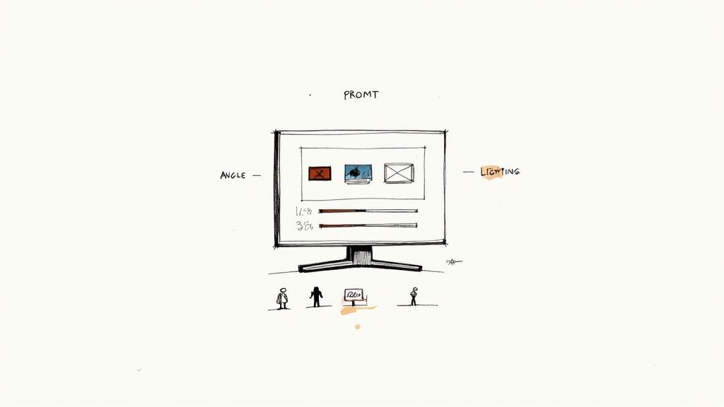 A conceptual sketch of a computer monitor interface for creating presentations, showing prompt, angle, and lighting controls.