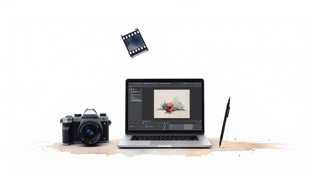 Creative workflow with camera, laptop showing a flower animation, pen, and film strip.