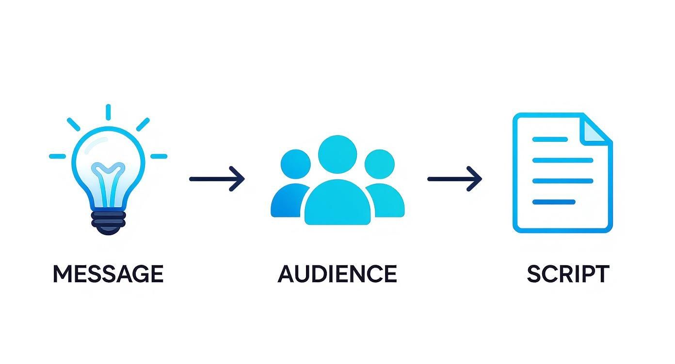 A diagram showing a lightbulb (message) leading to a group of people (audience), then to a document (script).