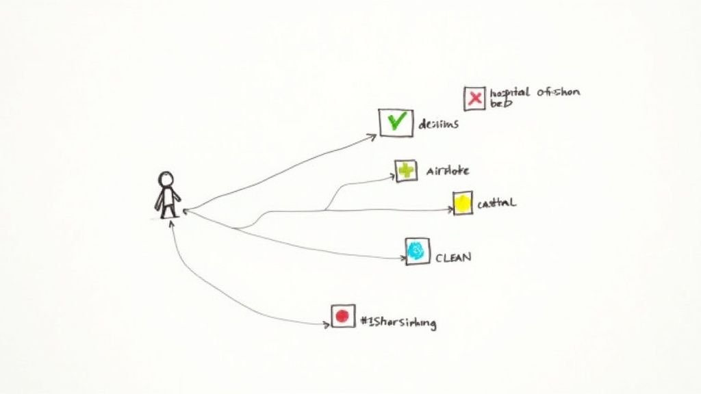 A handwritten diagram illustrating a central figure with branching paths leading to various choices or outcomes.