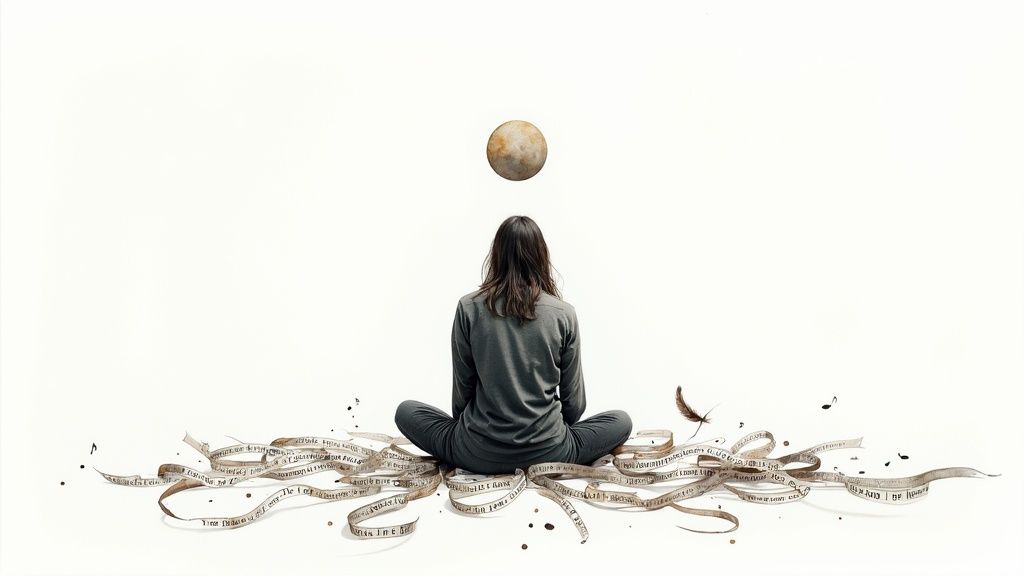 Woman meditating with thought ribbons and planet symbolizing internal monologue and self-reflection