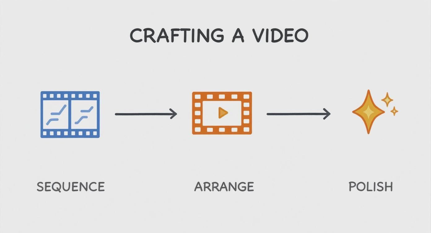 A diagram showing three steps for crafting a video: sequence, arrange, and polish.