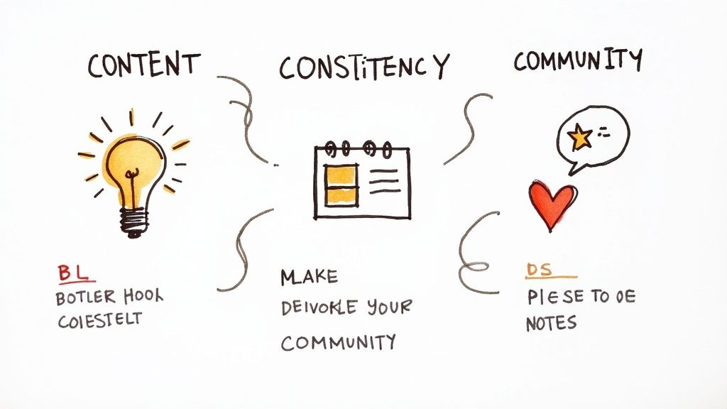 Hand-drawn infographic illustrating Content (lightbulb), Consistency (calendar), and Community (heart, star bubble) as key business pillars.