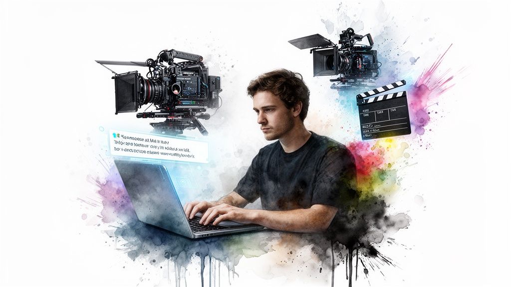 Mann bearbeitet Video auf einem Laptop mit futuristischer Benutzeroberfläche, umgeben von professionellen Kameras und einer Filmklappe.