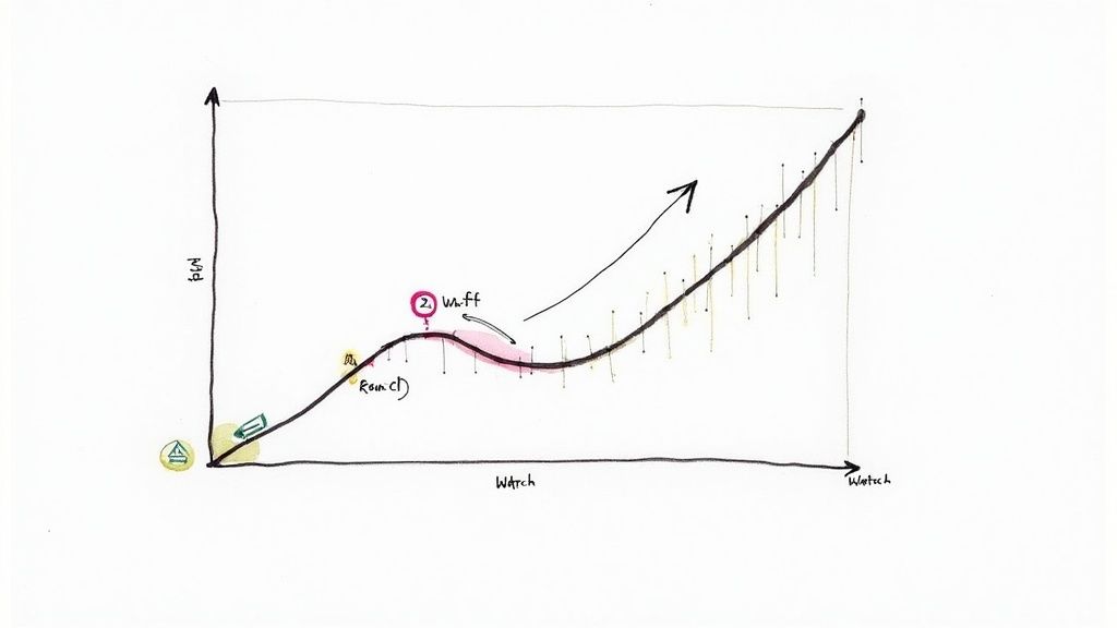 Hand-drawn graph illustrating a process with an initial rise, a dip, and a strong upward trend.