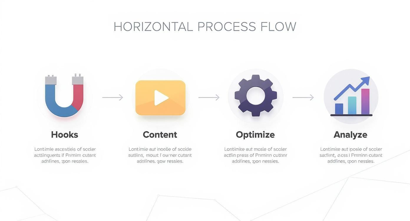 A horizontal process flow diagram illustrating four steps: Hooks, Content, Optimize, and Analyze, with descriptive icons.