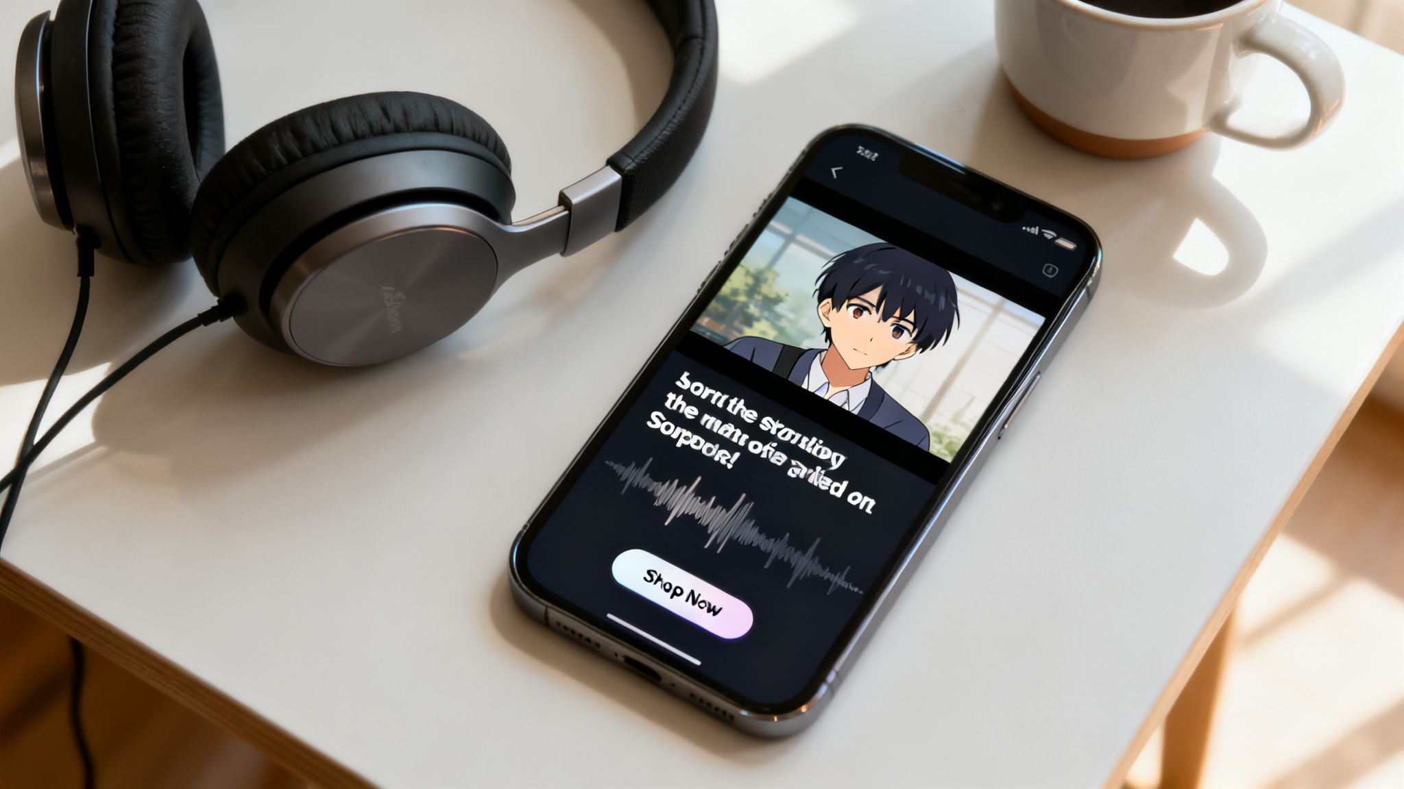 A smartphone displays a video with an anime character, next to headphones and a coffee cup.