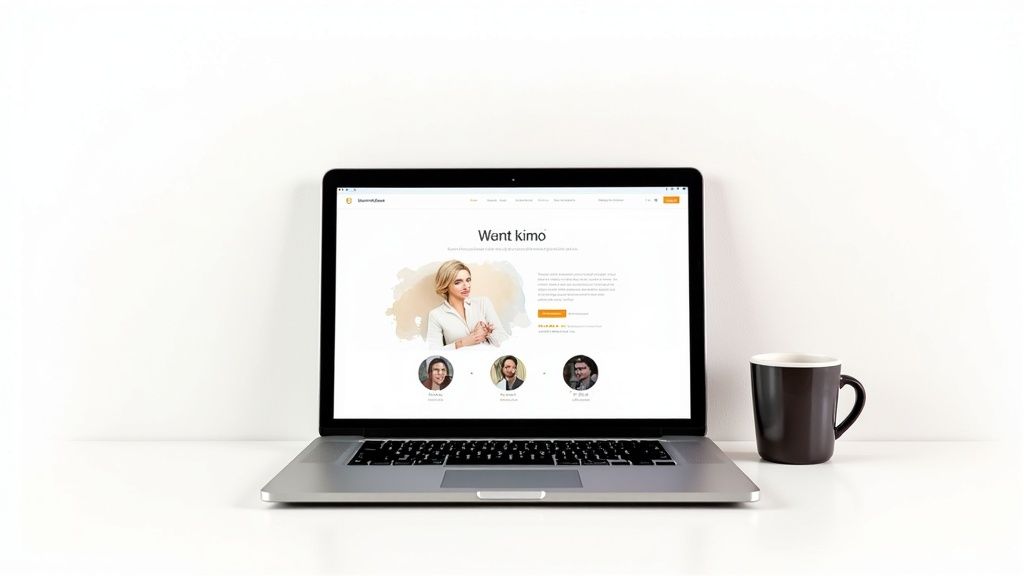 Laptop displaying professional consultation website with team members and coffee mug on desk