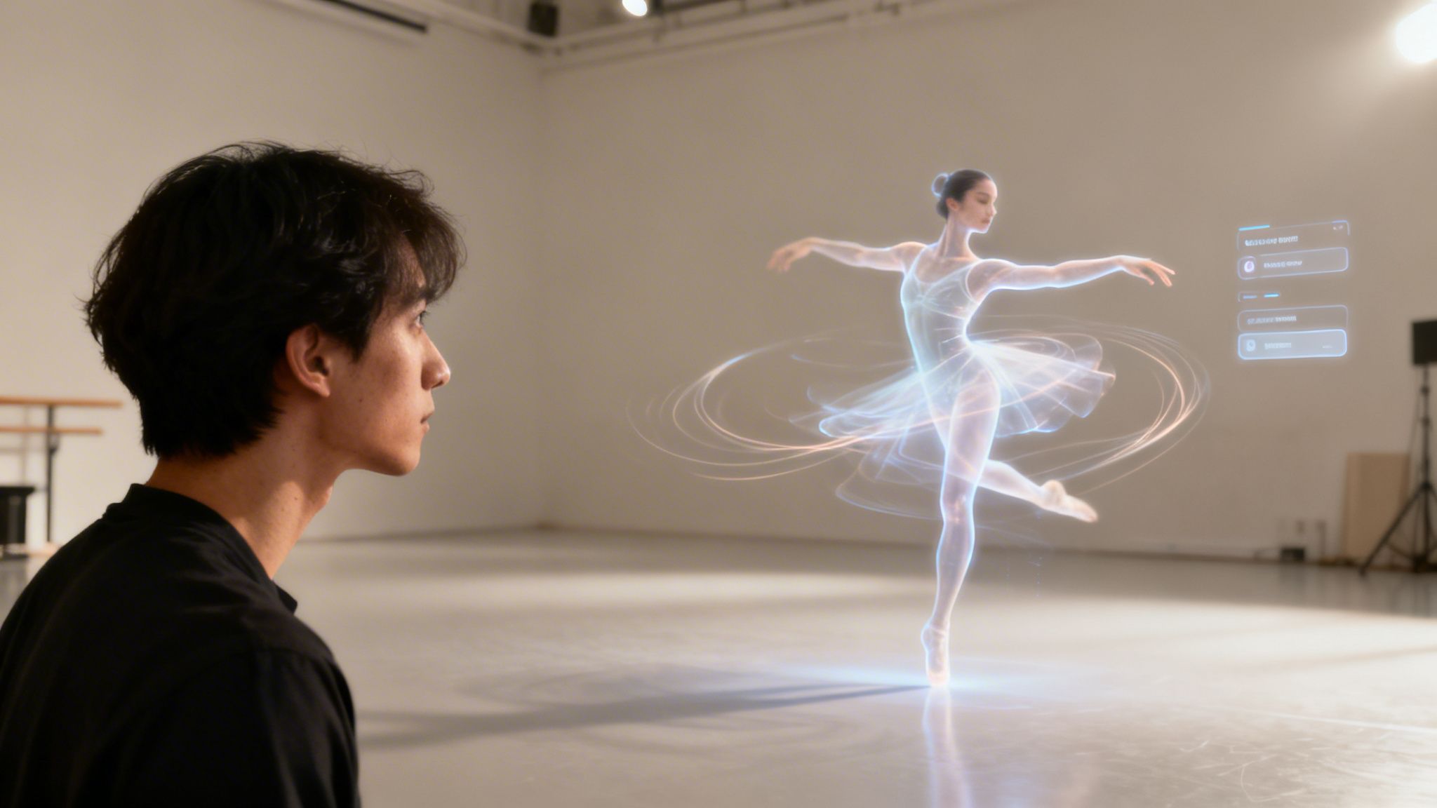 A young man observes a luminous holographic ballerina in a modern dance studio setting.