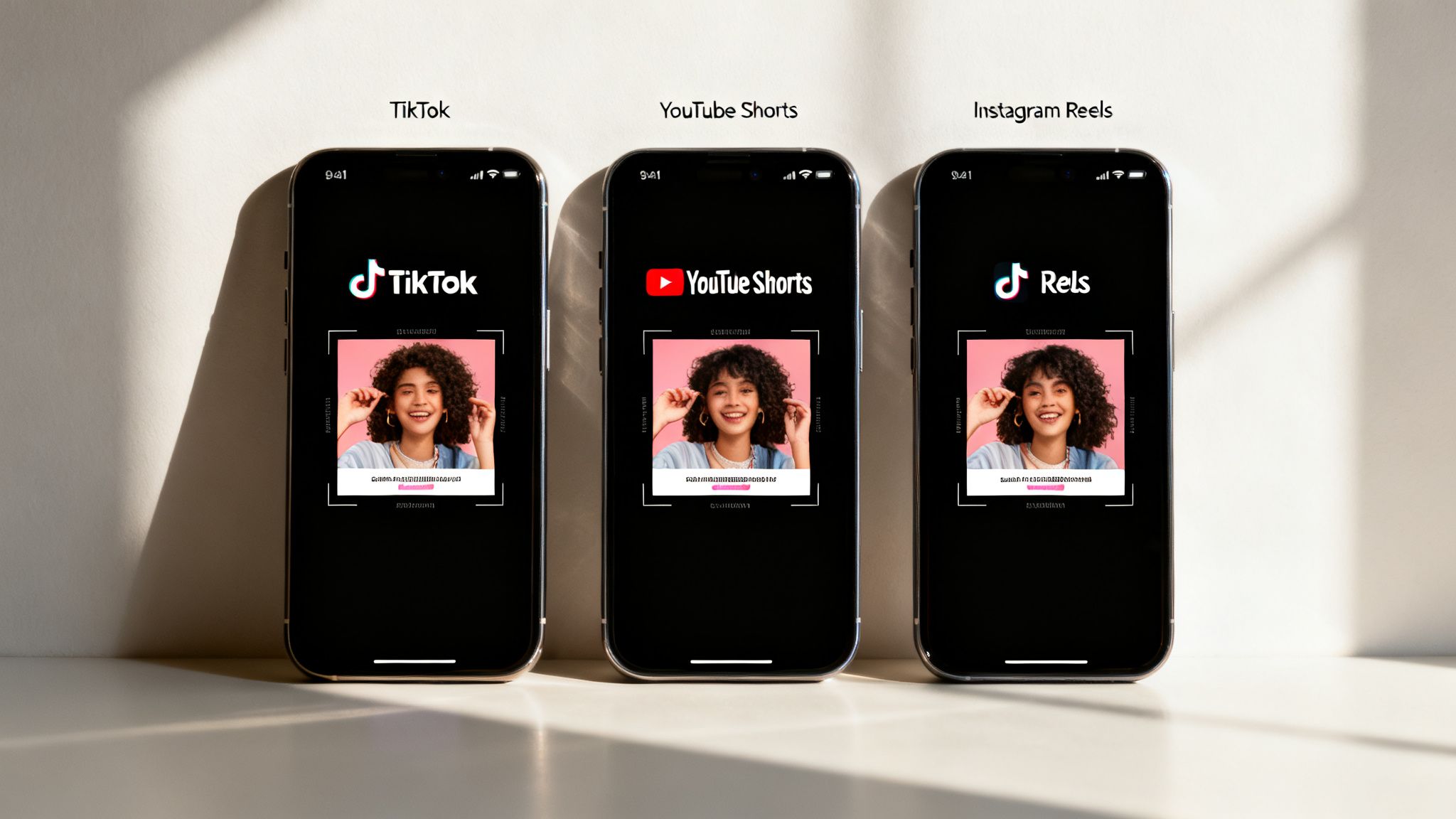 Three smartphones displaying short-form videos on TikTok, YouTube Shorts, and Instagram Reels, featuring a smiling woman.