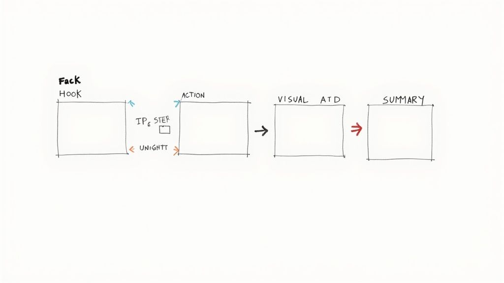 Hand-drawn flowchart illustrating a four-stage process: Fack Hook, Action, Visual ATD, and Summary boxes.