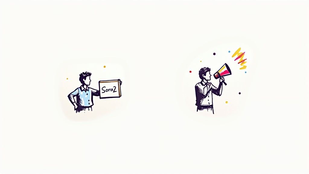 An architect and a marketer sit at a split-screen desk, one using Sora2 for detailed visualization and the other using Veo for a vibrant ad campaign.