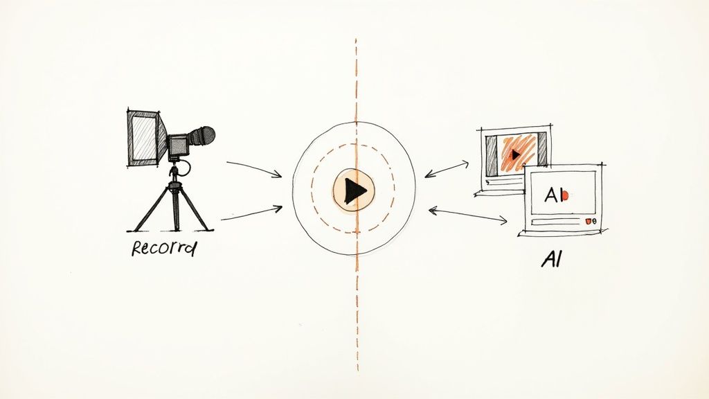 Diagram illustrating a video recording camera and AI processing interacting with a central video player icon.