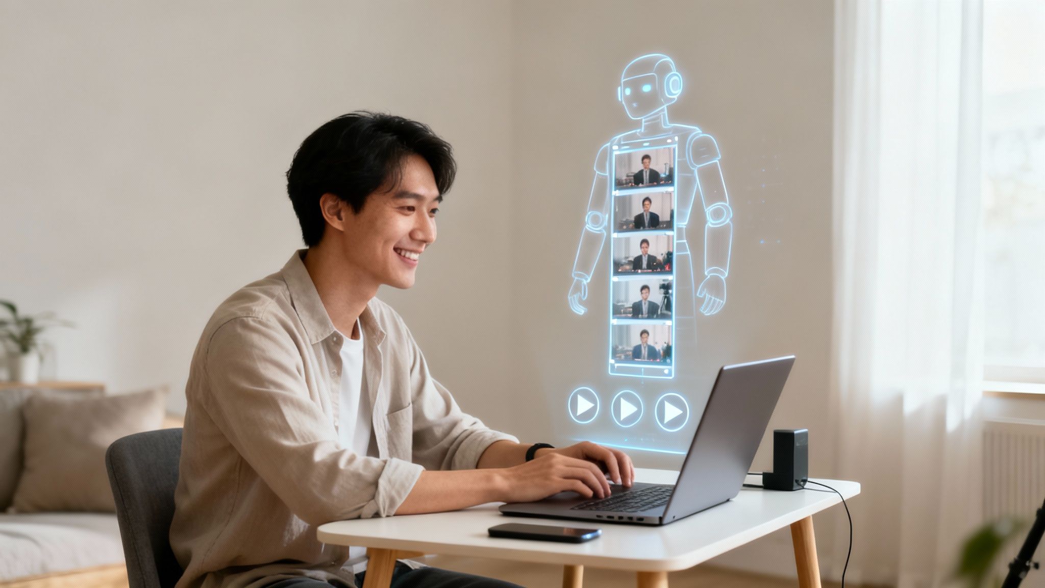 A smiling man uses a laptop with a futuristic AI robot video generator projected on the wall.
