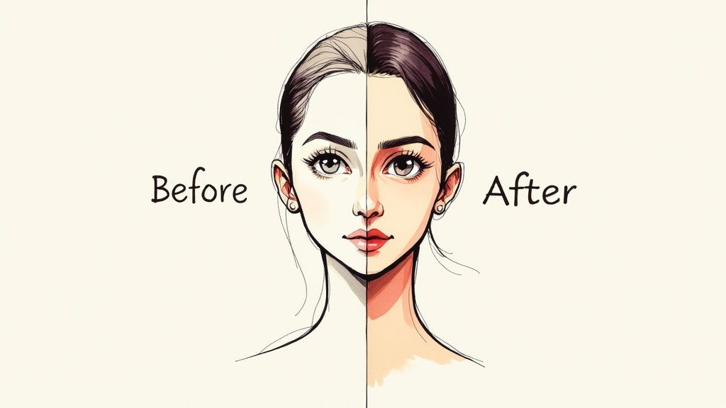 A split image shows a woman's face before and after, illustrating a warmer skin tone and more pronounced makeup.