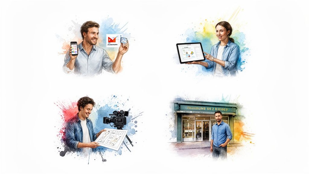 Vier Aquarell-Illustrationen zeigen Menschen, die mit Technologie interagieren, Inhalte erstellen und ein Unternehmen führen.