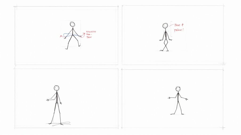 Sketches of stick figures demonstrating various animation poses and movement guidelines.