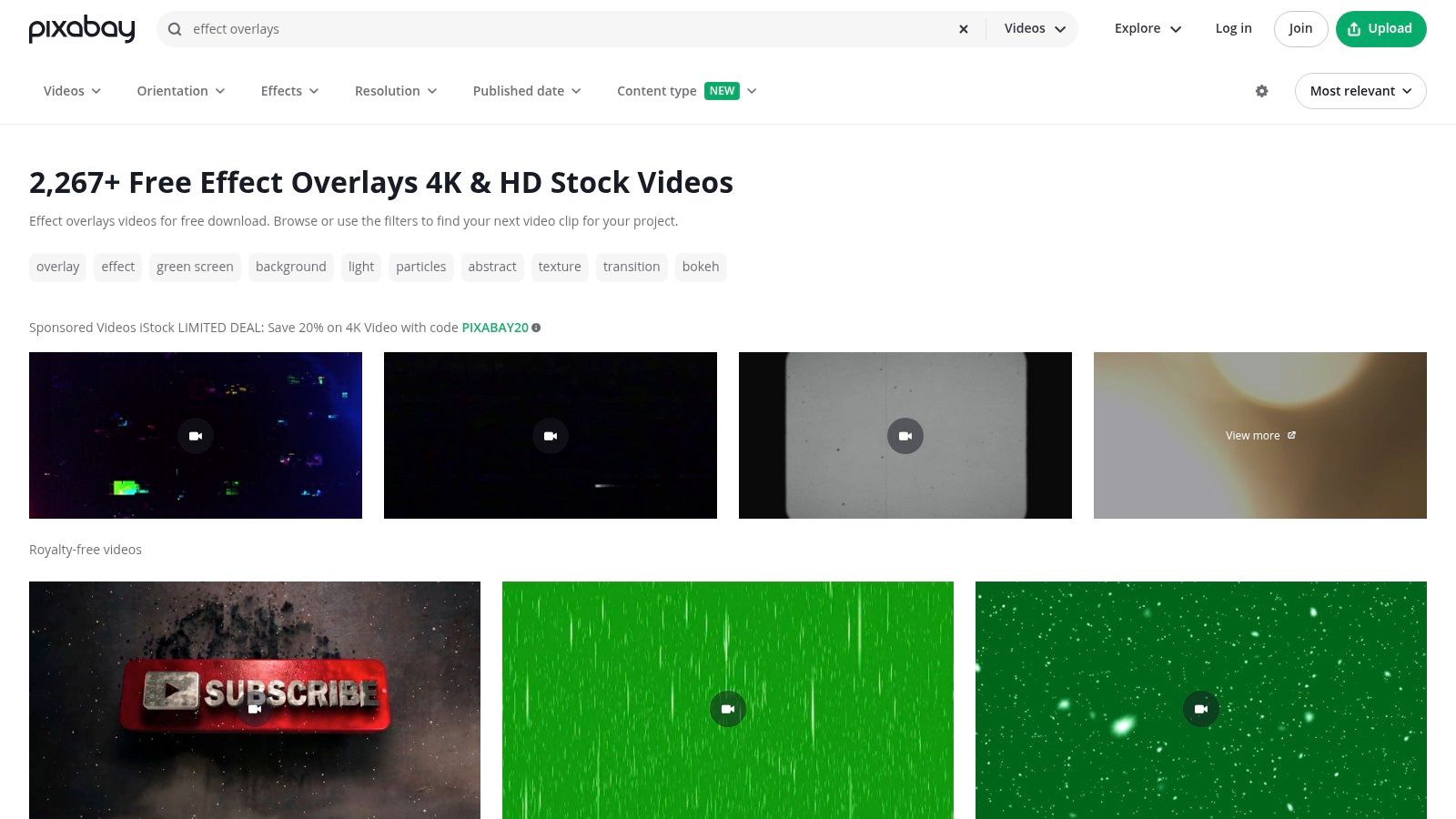 Pixabay Videos library of effect overlays and free effects for video
