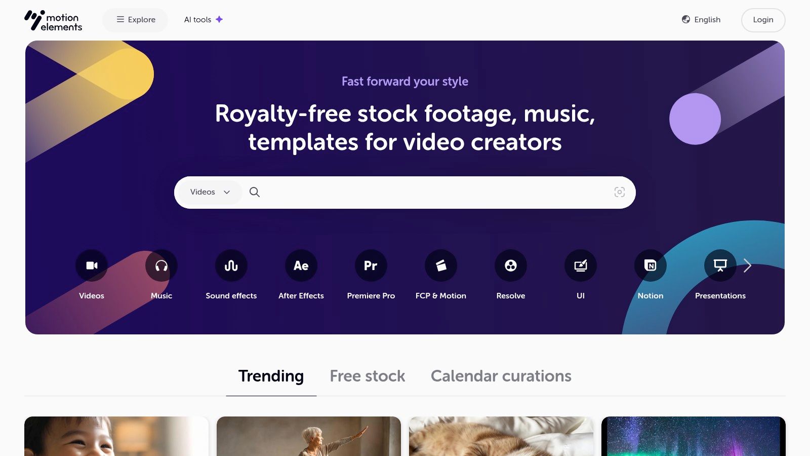 MotionElements homepage featuring its library of free effects for video and stock media