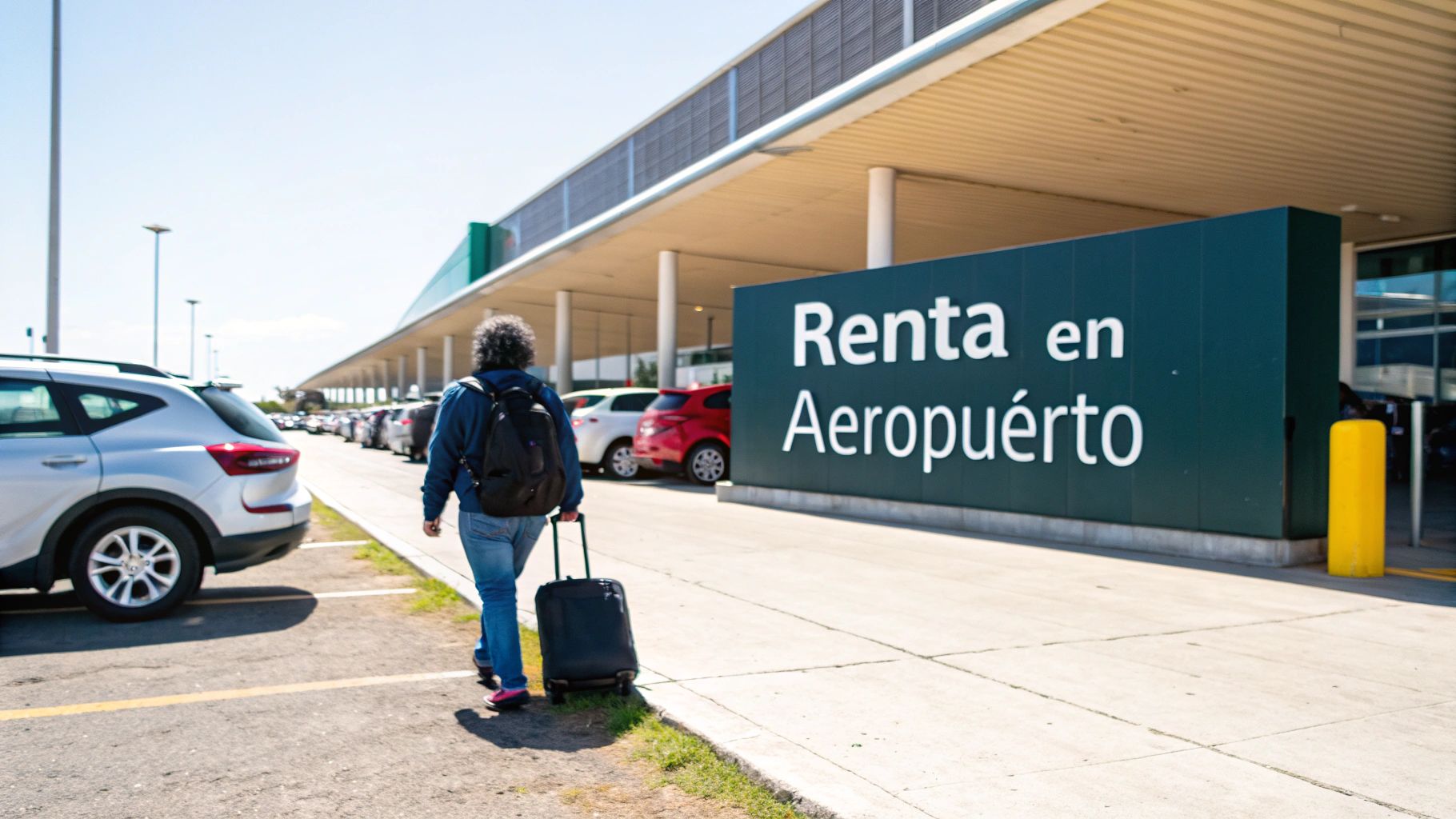 Persona con maleta y mochila caminando hacia un letrero de "Renta en Aeropuerto" con coches estacionados.