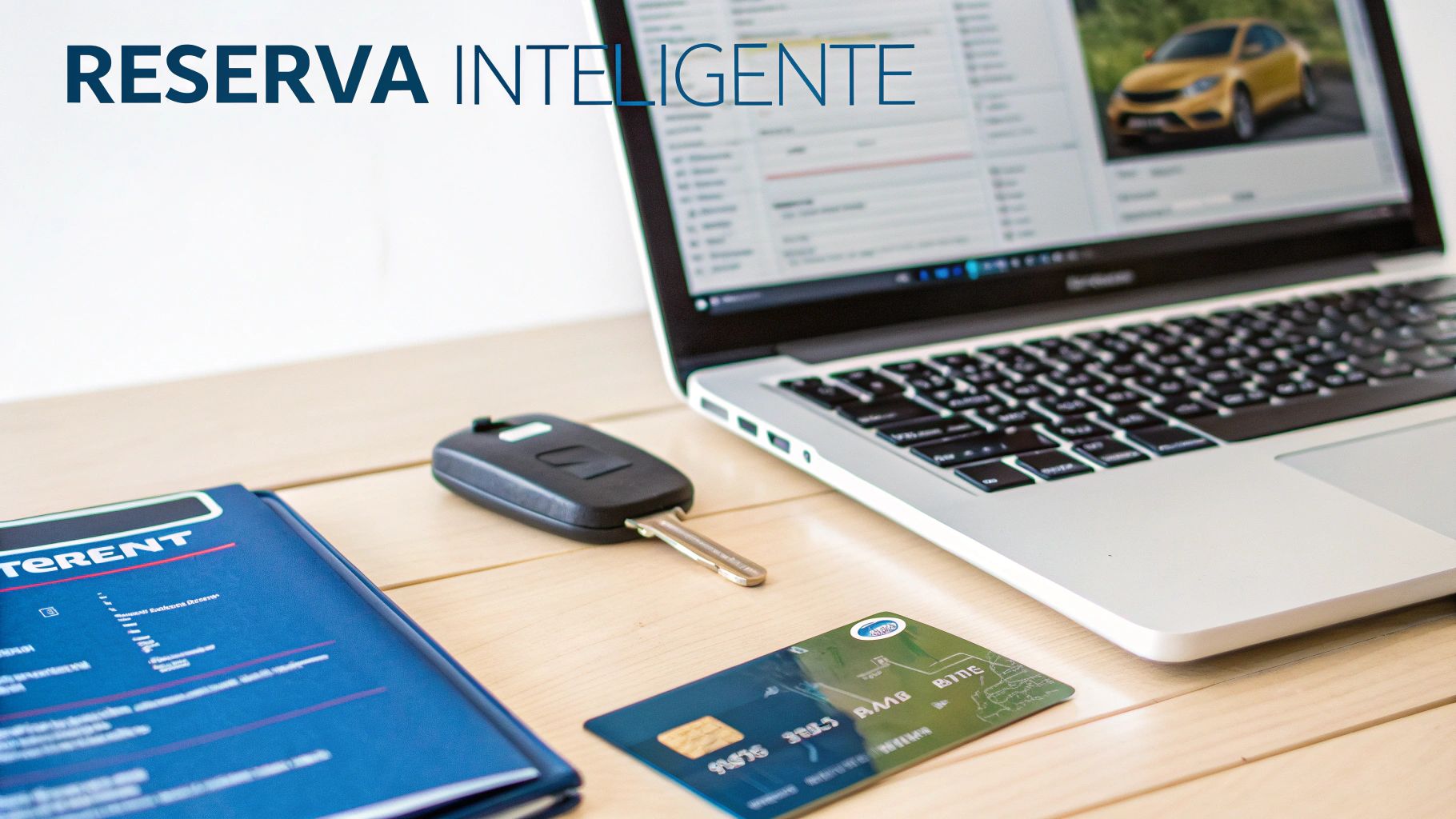 Escritorio con laptop mostrando un coche, llave, tarjeta de crédito y folleto para una reserva inteligente.