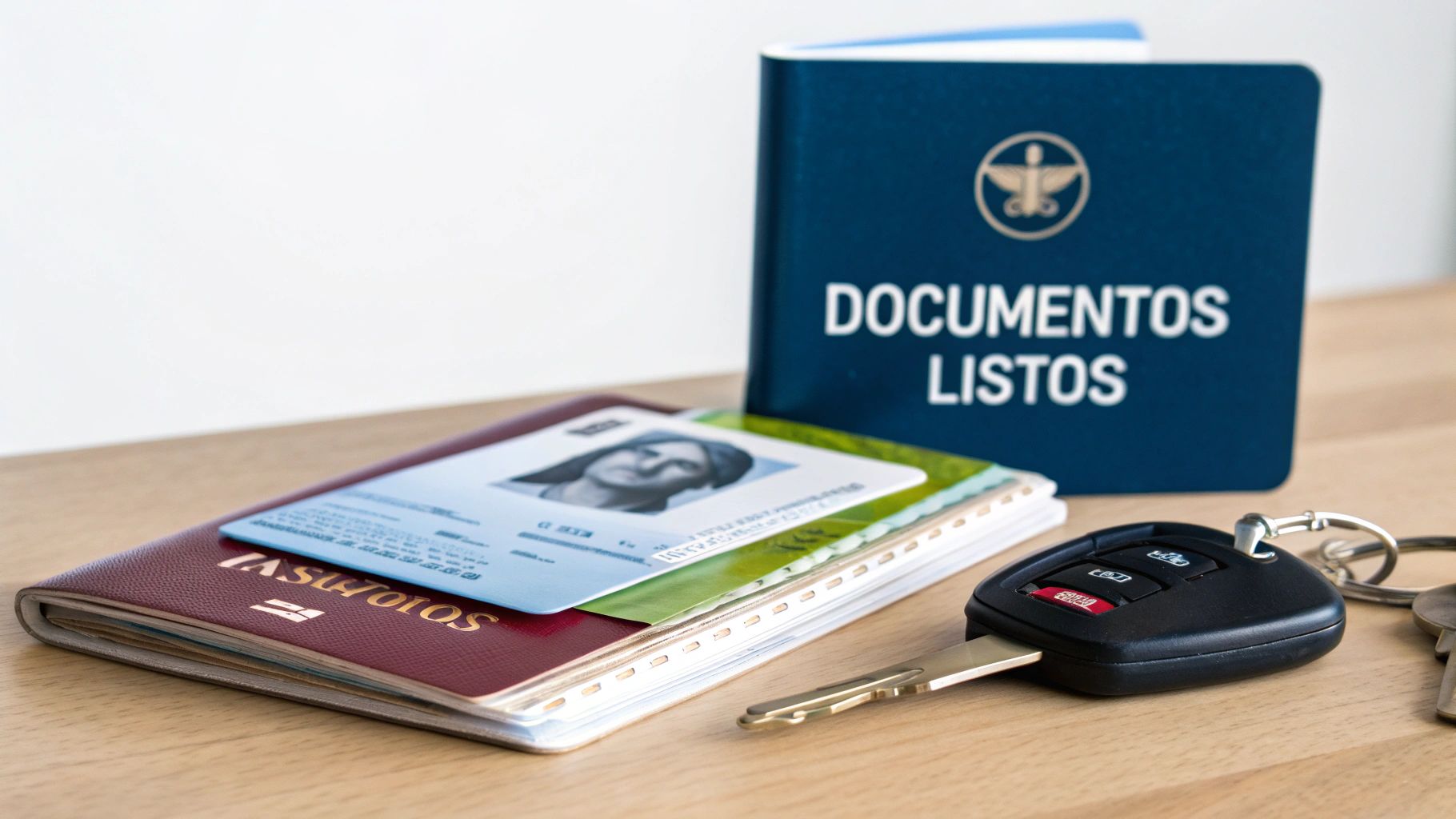 Una persona entregando sus documentos y tarjeta de crédito en un mostrador de renta de autos.